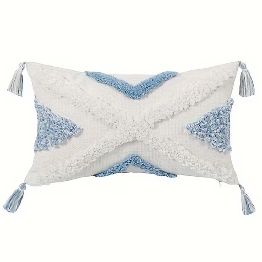 🌊 Textured Blue & White Lumbar Pillow Cover | 12” x 20” | Tassels